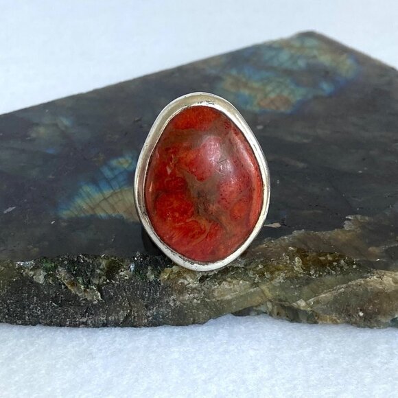 BARSE Sterling Silver 925 Thai Large 1.22" Oval Red Sponge Coral Ring Sz 6.75 - Picture 3 of 16